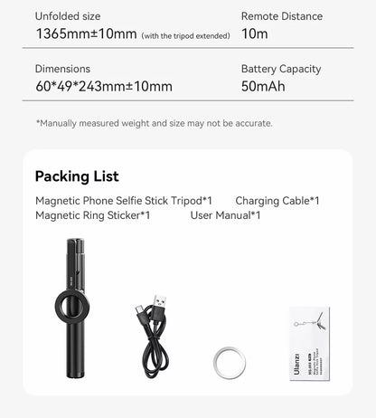 Ulanzi MG-003 Pro Magnetic Phone Selfie Stick Tripod 1.36m Extendable Selfie Tripod for iPhone 15 14 13 12 Vlog Livestreaming