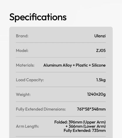 Ulanzi ZJ05 – Brazo Boom Ajustable para Micrófono, Cámara o Smartphone (Carga 1.5KG + Rótula 360°)