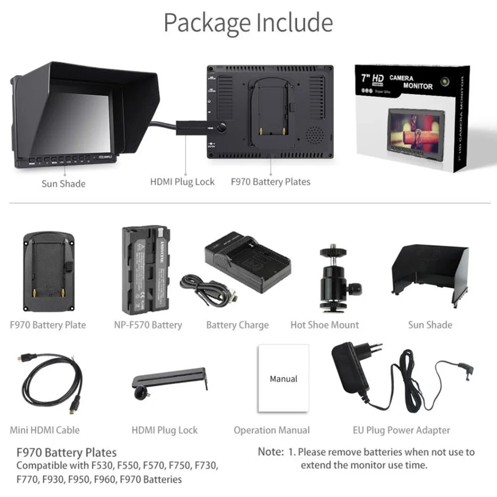 Feelworld FW759 7 Inch IPS 1280x800 Camera Field DSLR Video Monitor with Peaking Focus HD 7" LCD Monitor for BMPCC Canon Sony