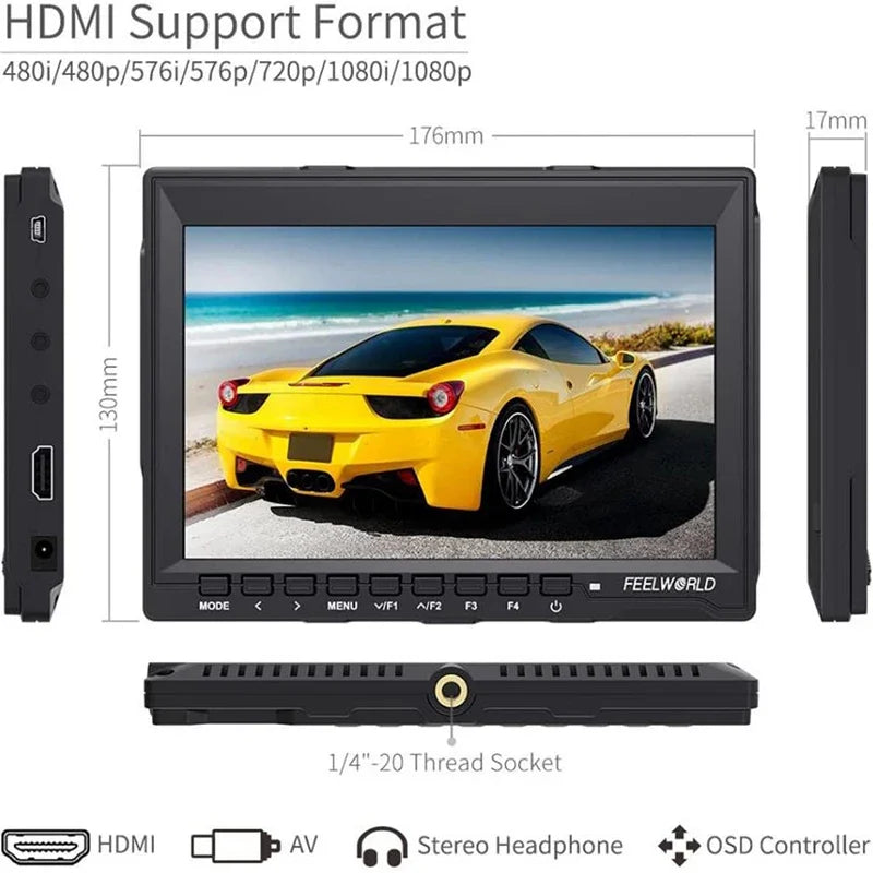 Feelworld FW759 7 Inch IPS 1280x800 Camera Field DSLR Video Monitor with Peaking Focus HD 7" LCD Monitor for BMPCC Canon Sony