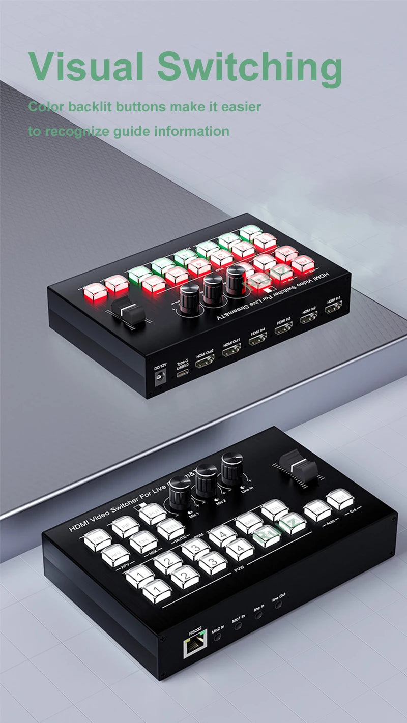 Multi Camera 4 Channel HDMI Video Mixer Switcher Video Capture 1080p60 Live Streaming PGM Seamless Switch Output 6 Pictures PVW