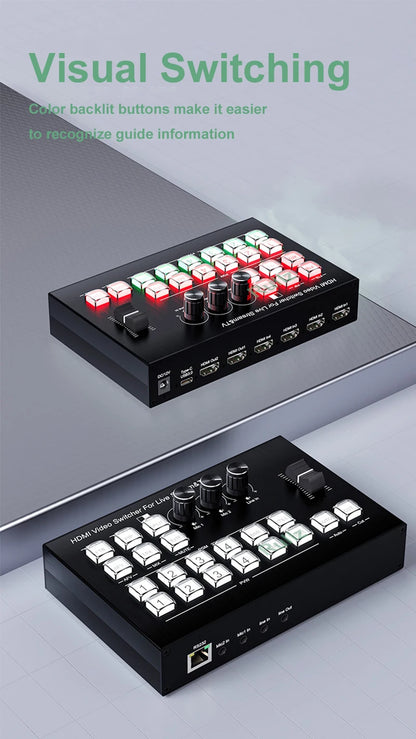 Multi Camera 4 Channel HDMI Video Mixer Switcher Video Capture 1080p60 Live Streaming PGM Seamless Switch Output 6 Pictures PVW