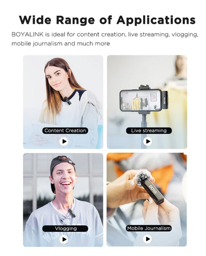 BOYA BOYALINK 2 – Micrófono Lavalier Inalámbrico (300m, 24bit, con Estuche de Carga) para iPhone, Android y Cámaras DSLR