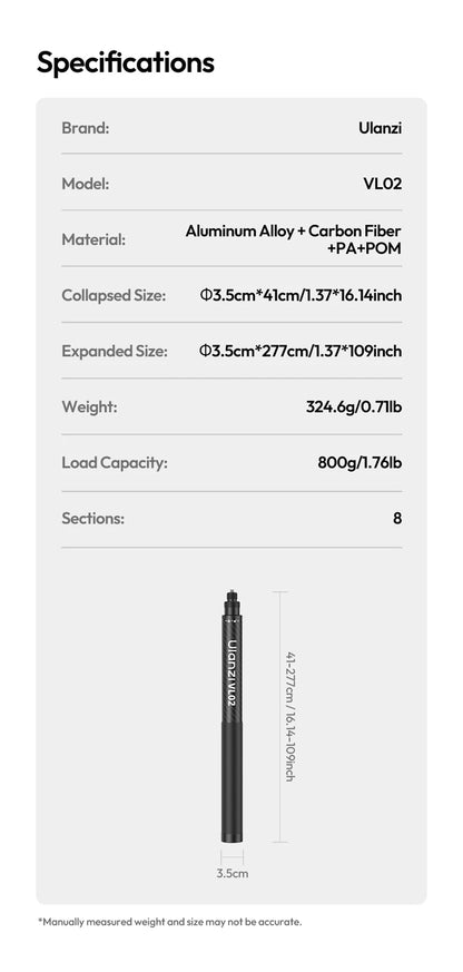 Ulanzi VL02 2.7M Selfie Stick Tripod Smartphone Retractable Invisible Selfie Stick For Gopro Hero 12 11 10 Insta360 X4 X3 X2 DJI