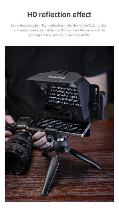 Teleprompter Portátil AMBITFUL Mini – Compatible con Smartphones y Cámaras