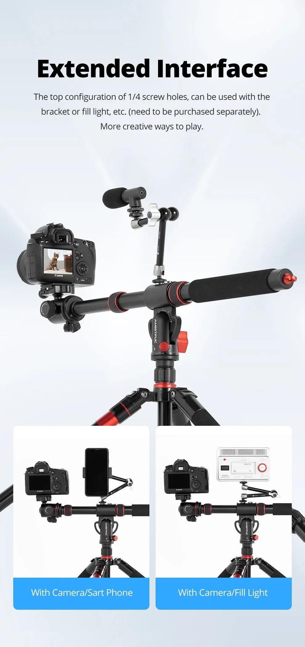 AMBITFUL GM104 Aluminium alloy tripod extenged crossbar ledgth 48-106cm adjuatbale for sony Canon Fuji nikon and mobile phone