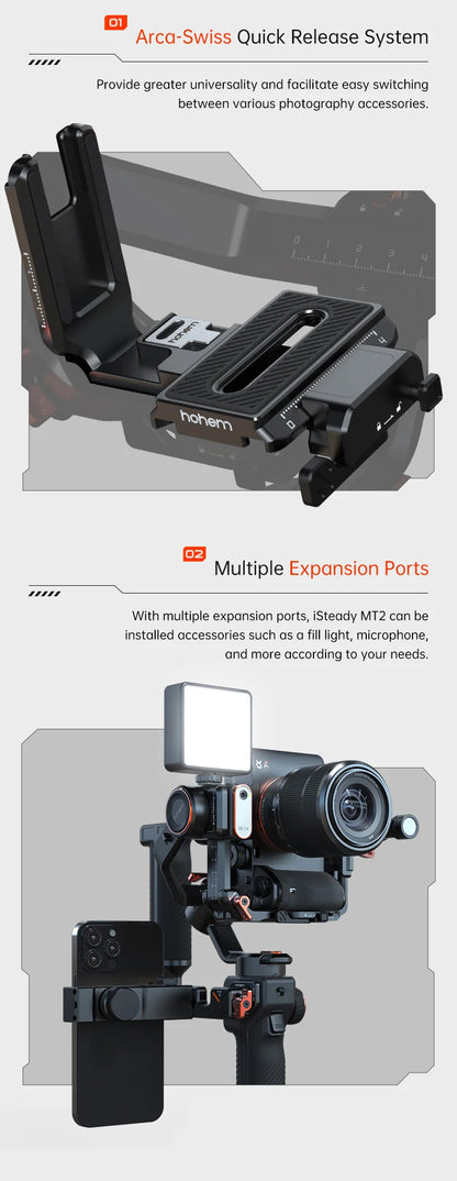 Hohem iSteady MT2 Handheld Gimbal Stabilizer Selfie Stick Extension Rod with AI Magnetic Fill Light Full Color Video Lighting